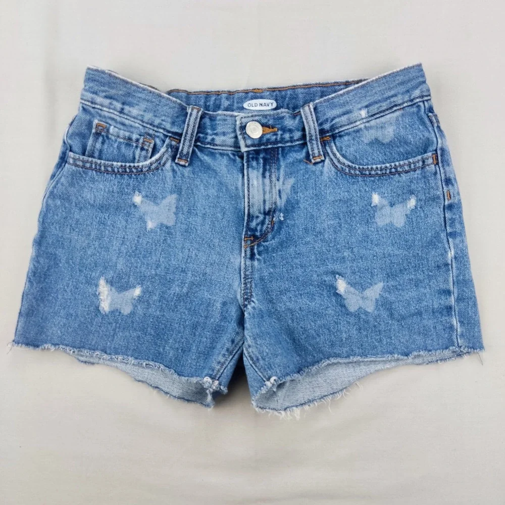 Old Navy Denim Shorts Girls 12 Blue Butterfly Print Distressed Cut Off High Rise
